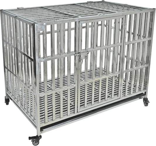 Stackable Stainless Steel Dog Crate, Heavy Duty Kennel, Foldable, with Lockable Rolling Wheels