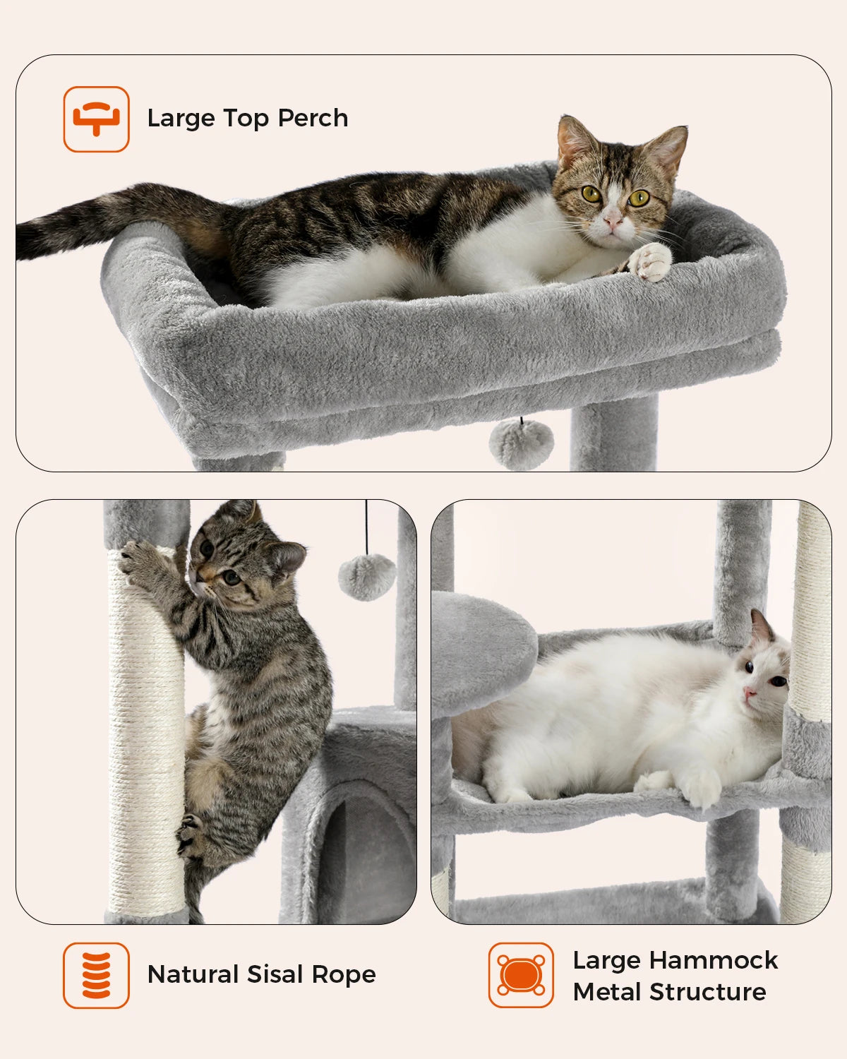 5-Level Cat Tower for Large Cats with Large Hammock, Sisal Covered Scratching Posts, Cozy Condo, and Top Perch
