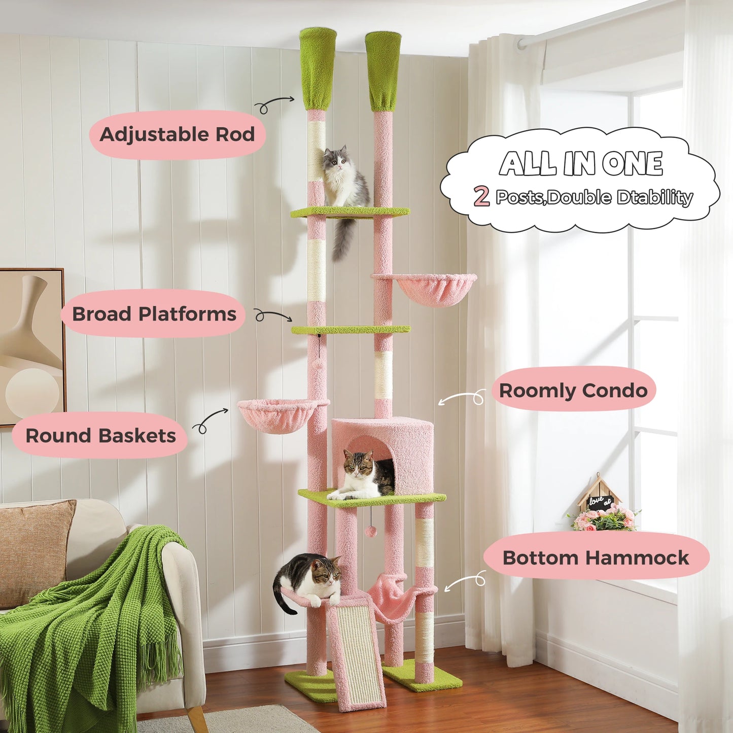 Pink Cat Tree Floor to Ceiling Cat Tower7 Tiers, Cat Climbing Tree with Cozy Hammocks, Condos, Scratching Posts