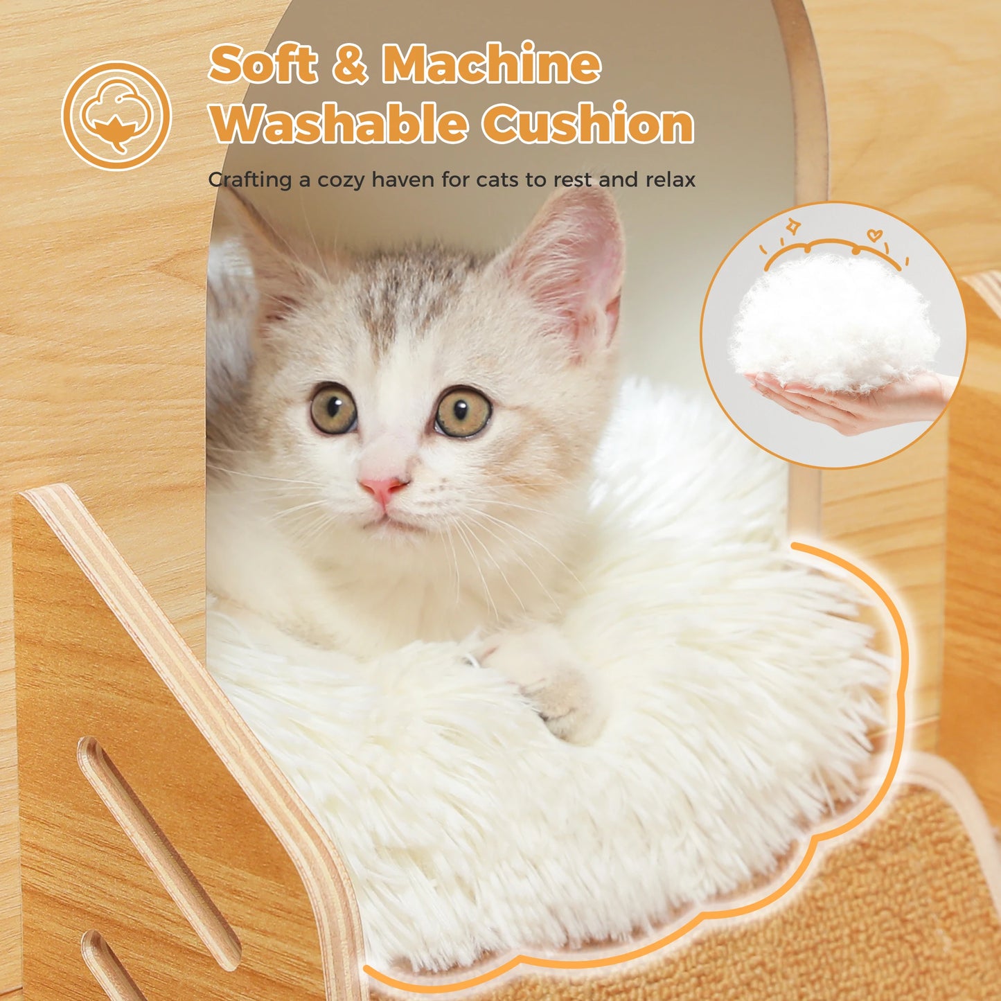 Modern Rocket Shape, Wooden Cat Tower with 2 Condos and Dangling Balls
