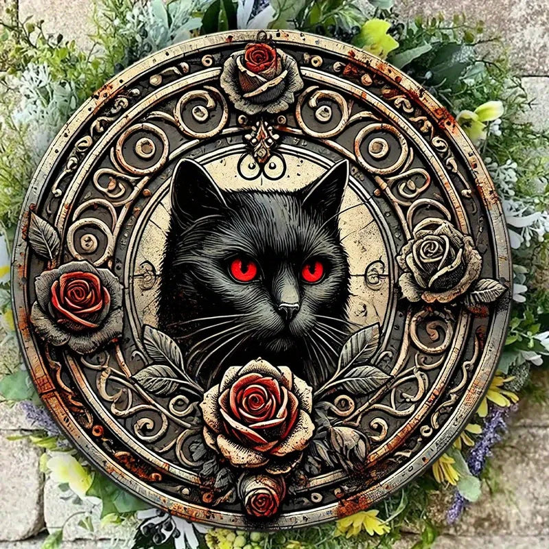 Gothic Black Cat & Red Rose Metal Wall Art