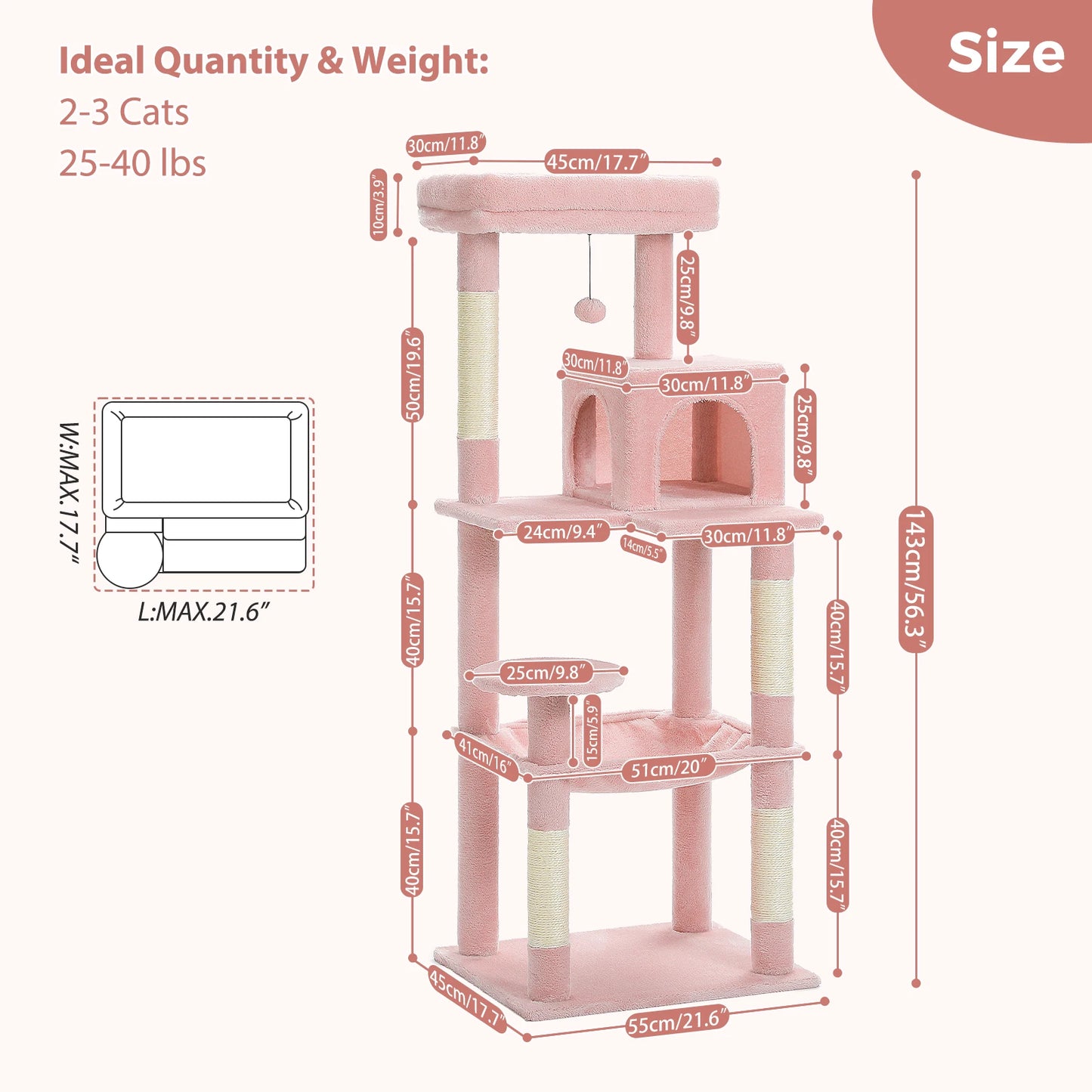 Multi-Level Cat Tower with Large Hammock, Sisal Covered Scratching Posts, Cozy Condo and Top Perch