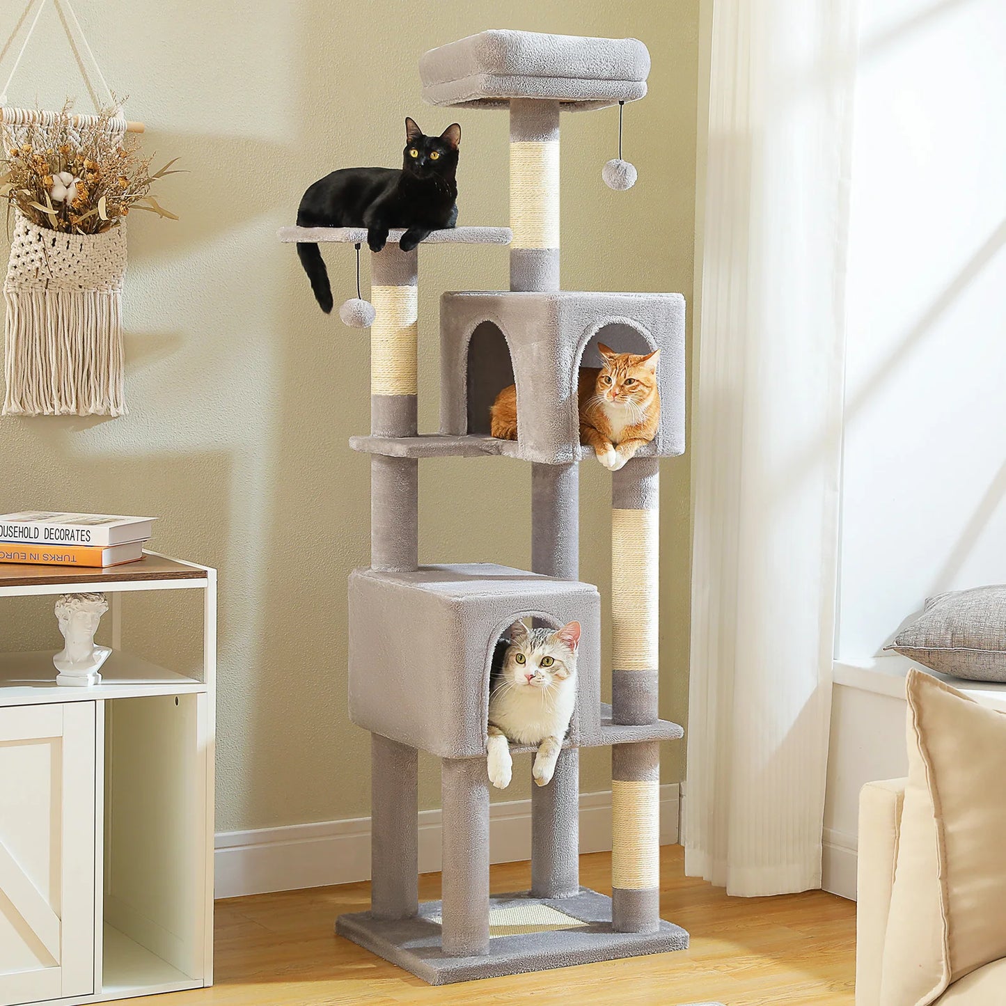 Cat Tree Tower with 4 Natural Sisal Scratching Posts, 2 Spacious Cozy Condos