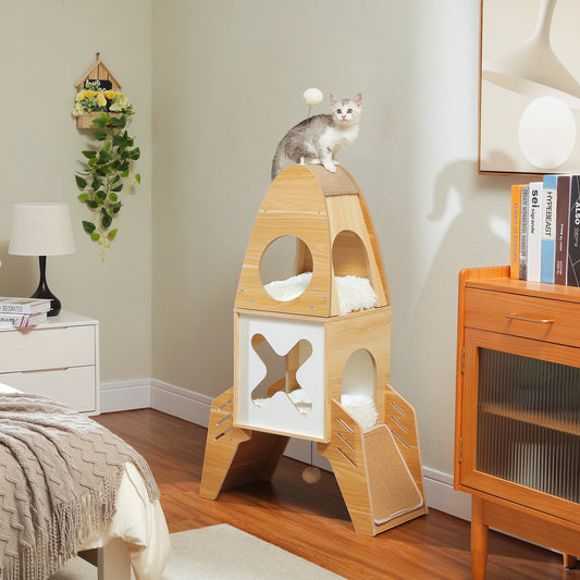Modern Rocket Shape, Wooden Cat Tower with 2 Condos and Dangling Balls
