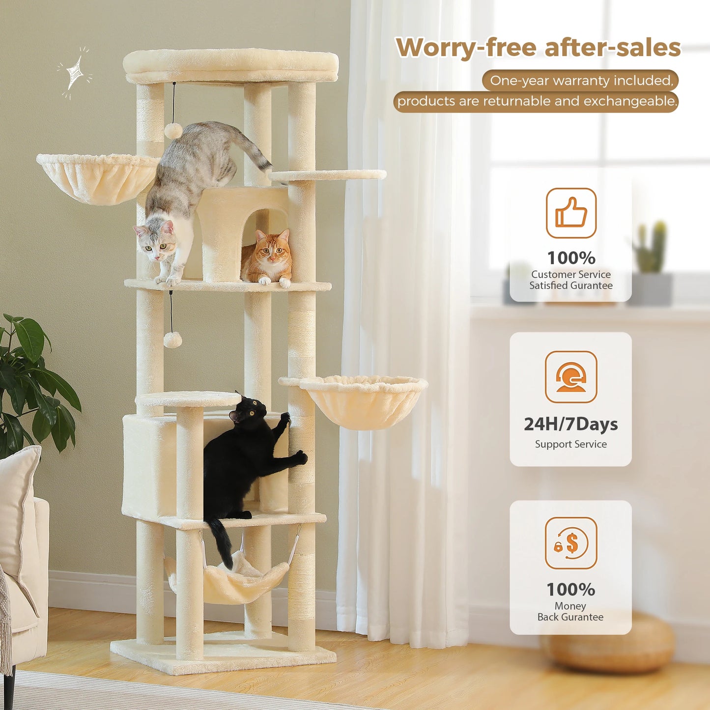 Plush Cat Tower with Sisal Scratching Post, Spacious Condos, Cozy Hammock