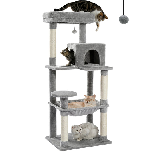 5-Level Cat Tower for Large Cats with Large Hammock, Sisal Covered Scratching Posts, Cozy Condo, and Top Perch