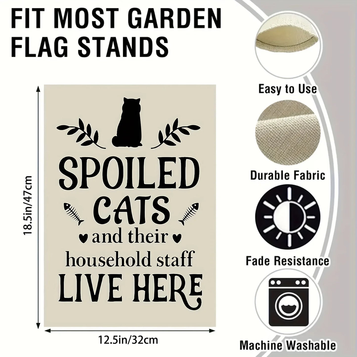 Whimsical Cat Garden Flag - Double-Sided Linen, 12.5"x18.5", "Spoiled Cats & Staff Live Here", Durable Outdoor Decor