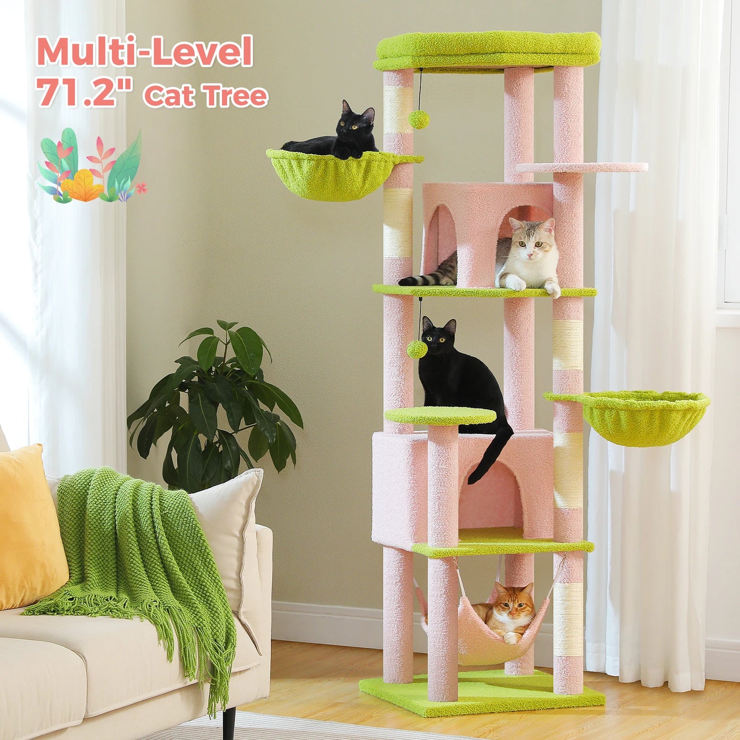 Plush Cat Tower with Sisal Scratching Post, Spacious Condos, Cozy Hammock