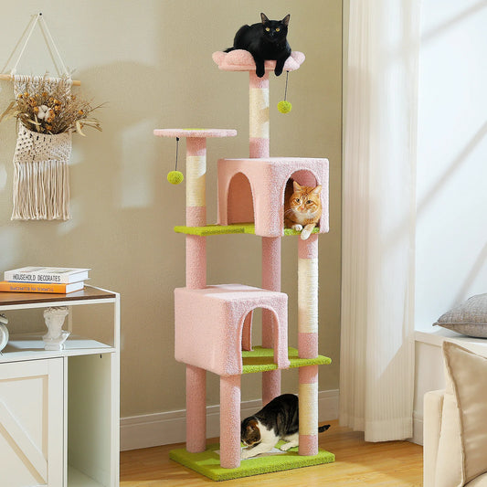 Cat Tree Tower with 4 Natural Sisal Scratching Posts, 2 Spacious Cozy Condos