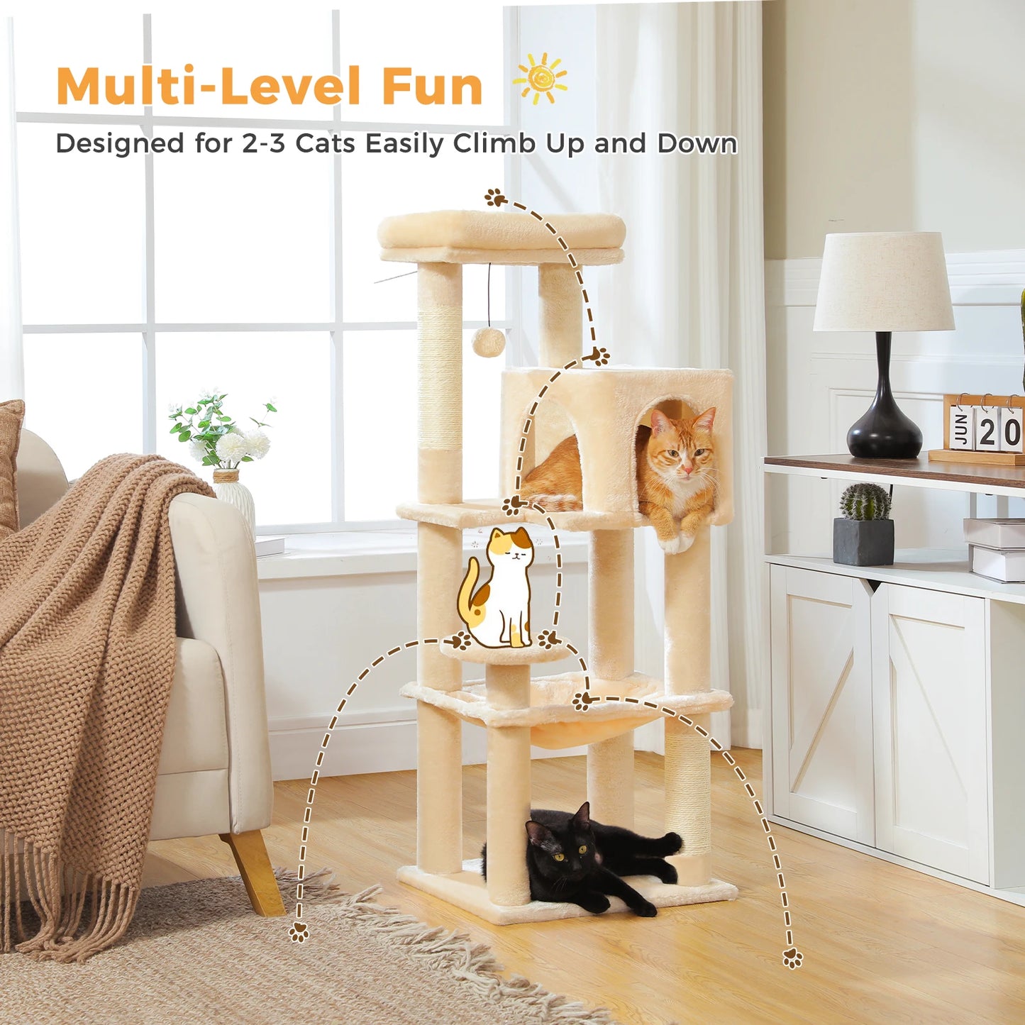 Multi-Level Cat Tree with Sisal Scratching Posts, Cozy Condo and a Big Hammock