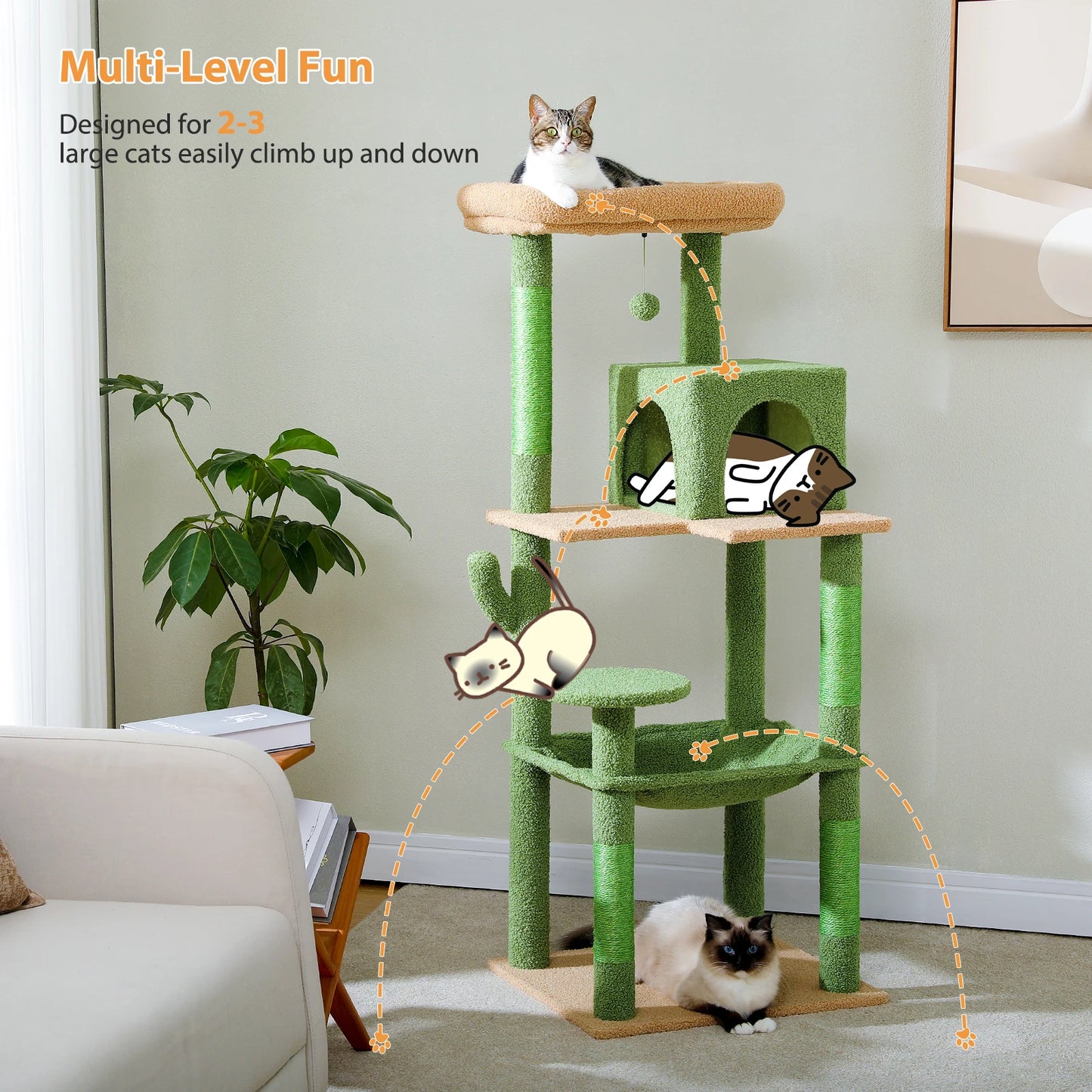 Cat Tree Tower for Large Cats, Plush Big Hammock, with 2 Door Condo House and Large Top Perch