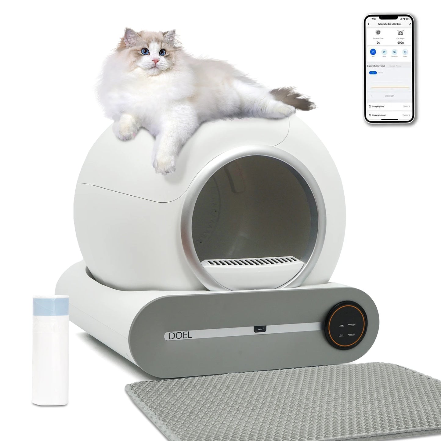 Automatic Cat Litter Box w/ Trash Bag & Litter Mat Smart Cat Toilet App Control 2.4G WiFi