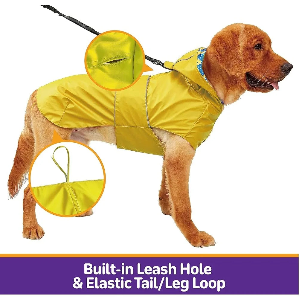 Reversible Waterproof Dog Raincoat Adjustable Slicker Poncho with Leash Hole Reflective Stripe Hooded Design For All Weather