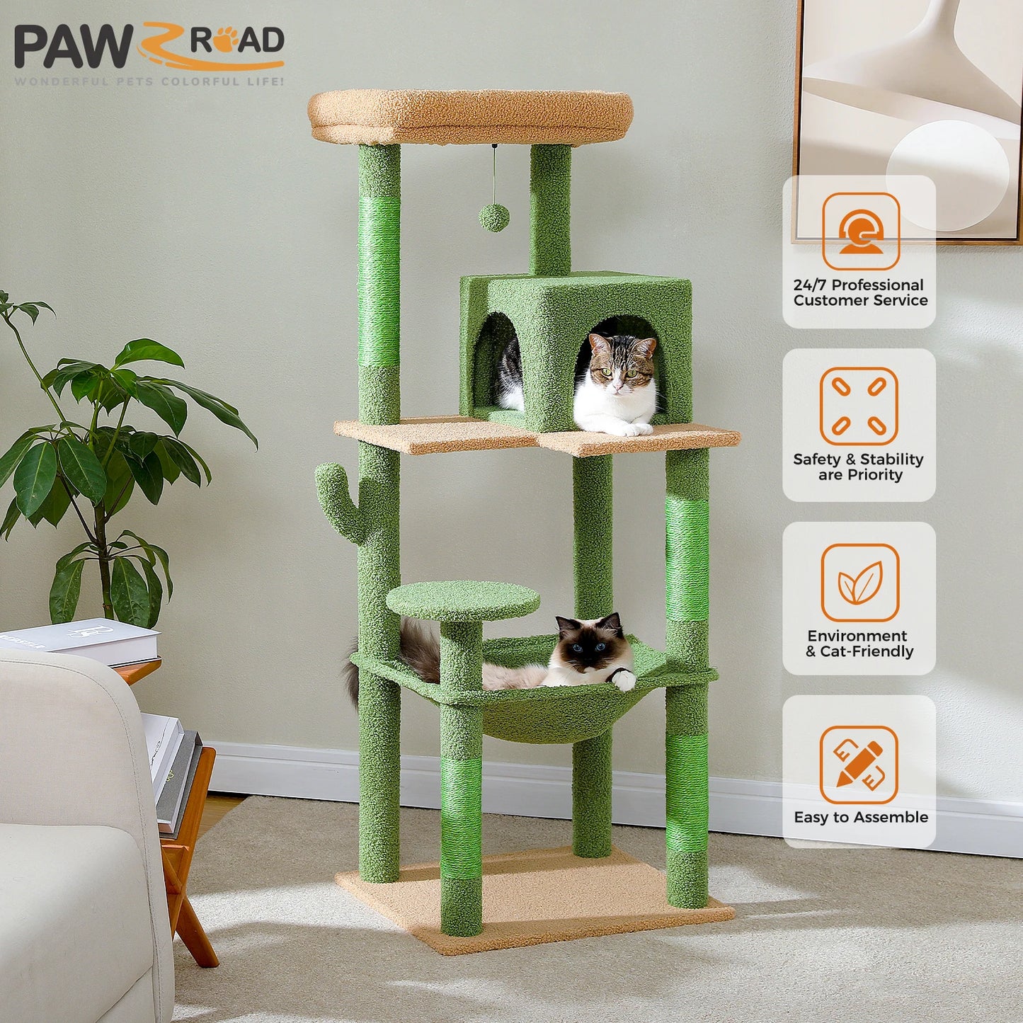 Cat Tree Tower for Large Cats, Plush Big Hammock, with 2 Door Condo House and Large Top Perch
