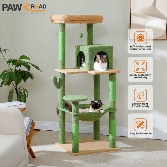 Cat Tree Tower for Large Cats, Plush Big Hammock, with 2 Door Condo House and Large Top Perch
