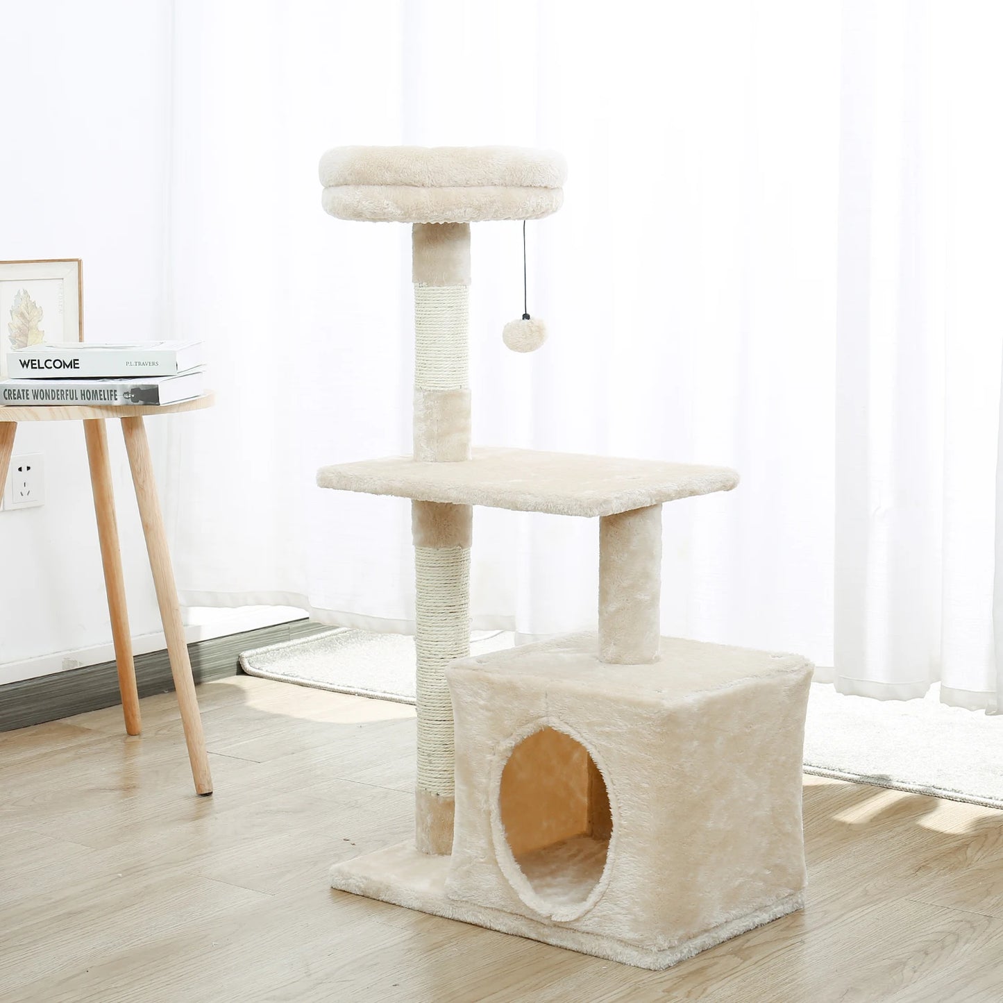 Small Cat Tree with Sisal Scratching Posts, Top Perch, Cozy Condo
