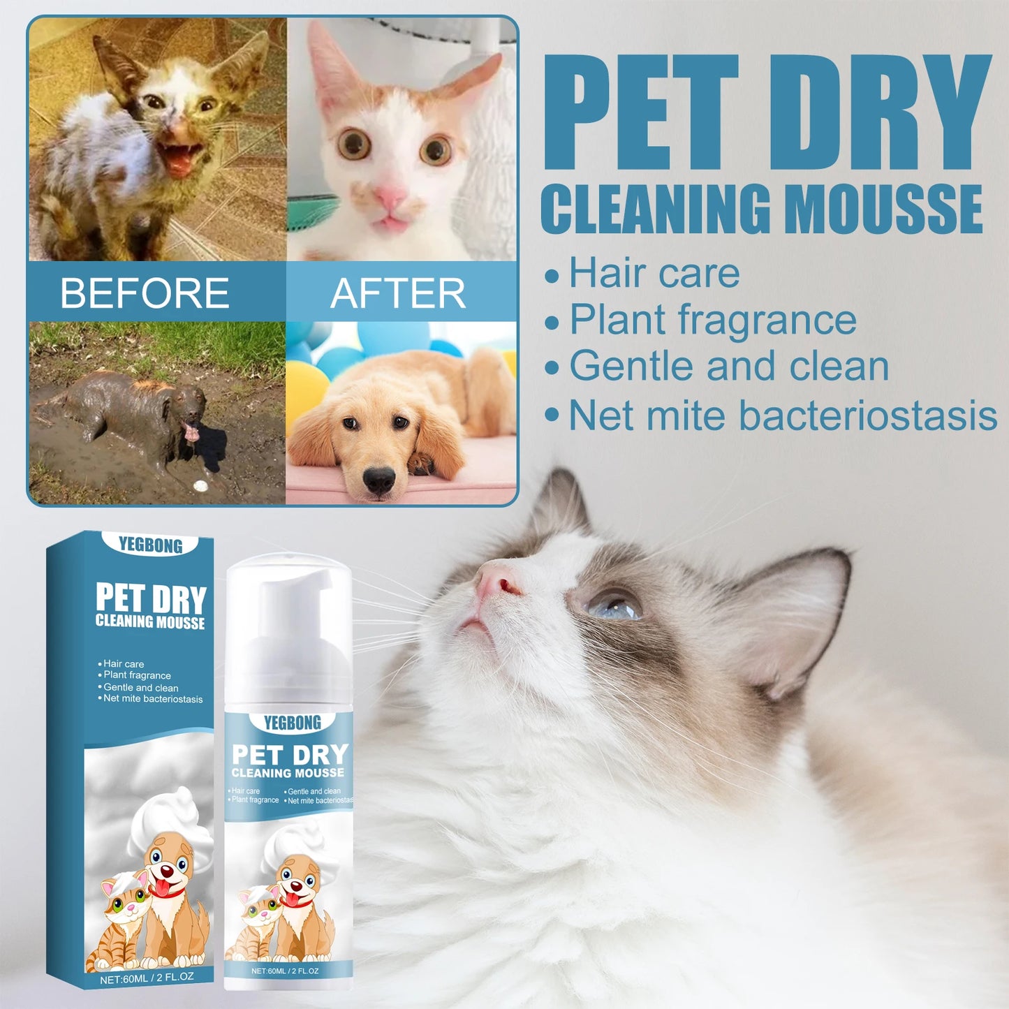 Waterless Mousse Spray for Small Animals Non-irritating Remove Bad Odors Smoothing Hair Stain Removal Mousse