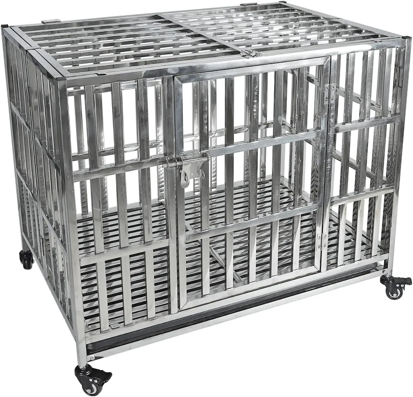 Stackable Stainless Steel Dog Crate, Heavy Duty Kennel, Foldable, with Lockable Rolling Wheels
