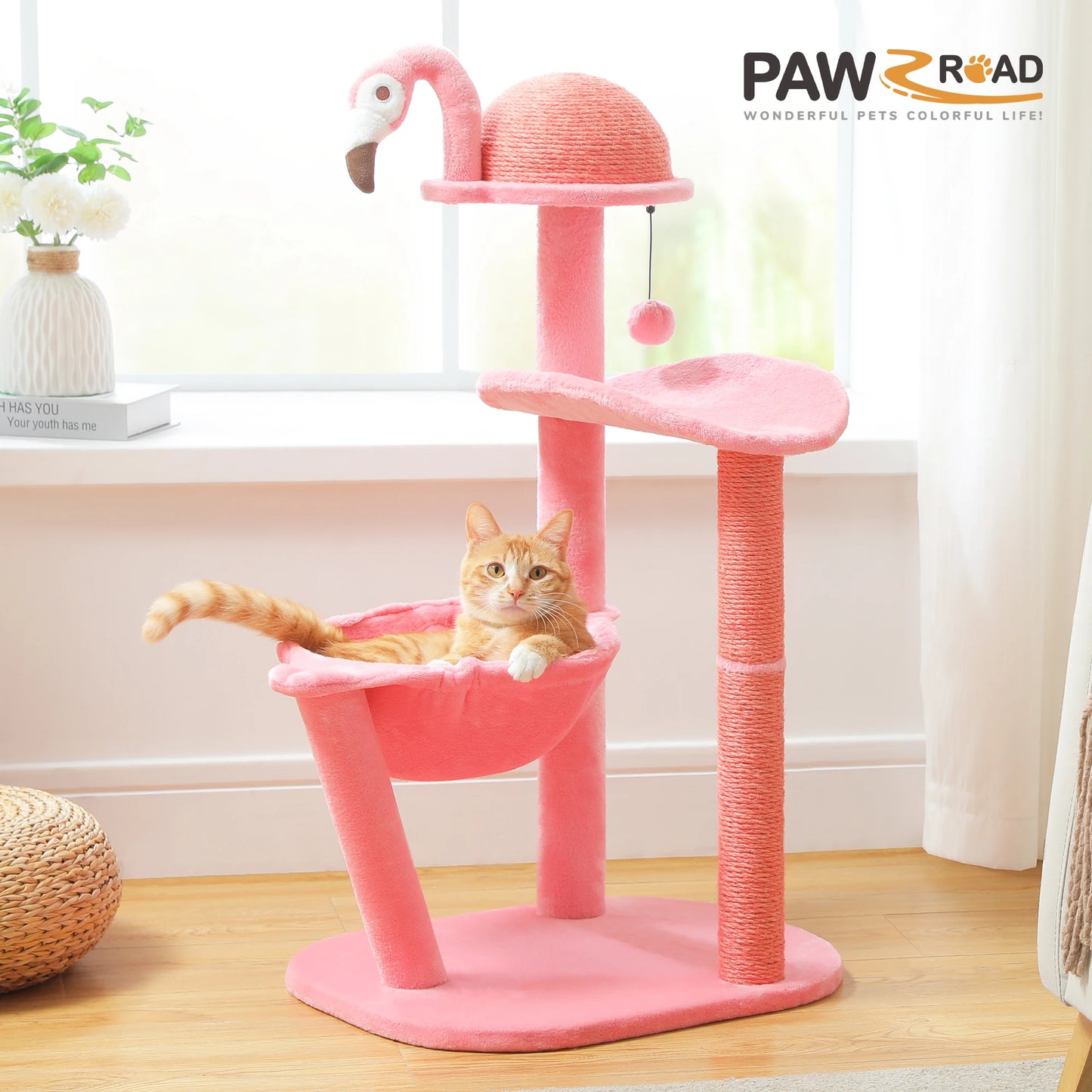 Flamingo Pink Cat Tower with Sisal Scratching Posts for Cats, Kittens with Perch and Hammock