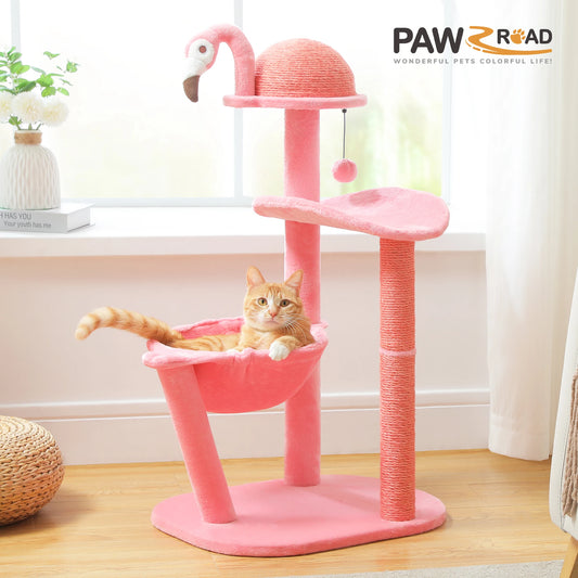 Flamingo Pink Cat Tower with Sisal Scratching Posts for Cats, Kittens with Perch and Hammock