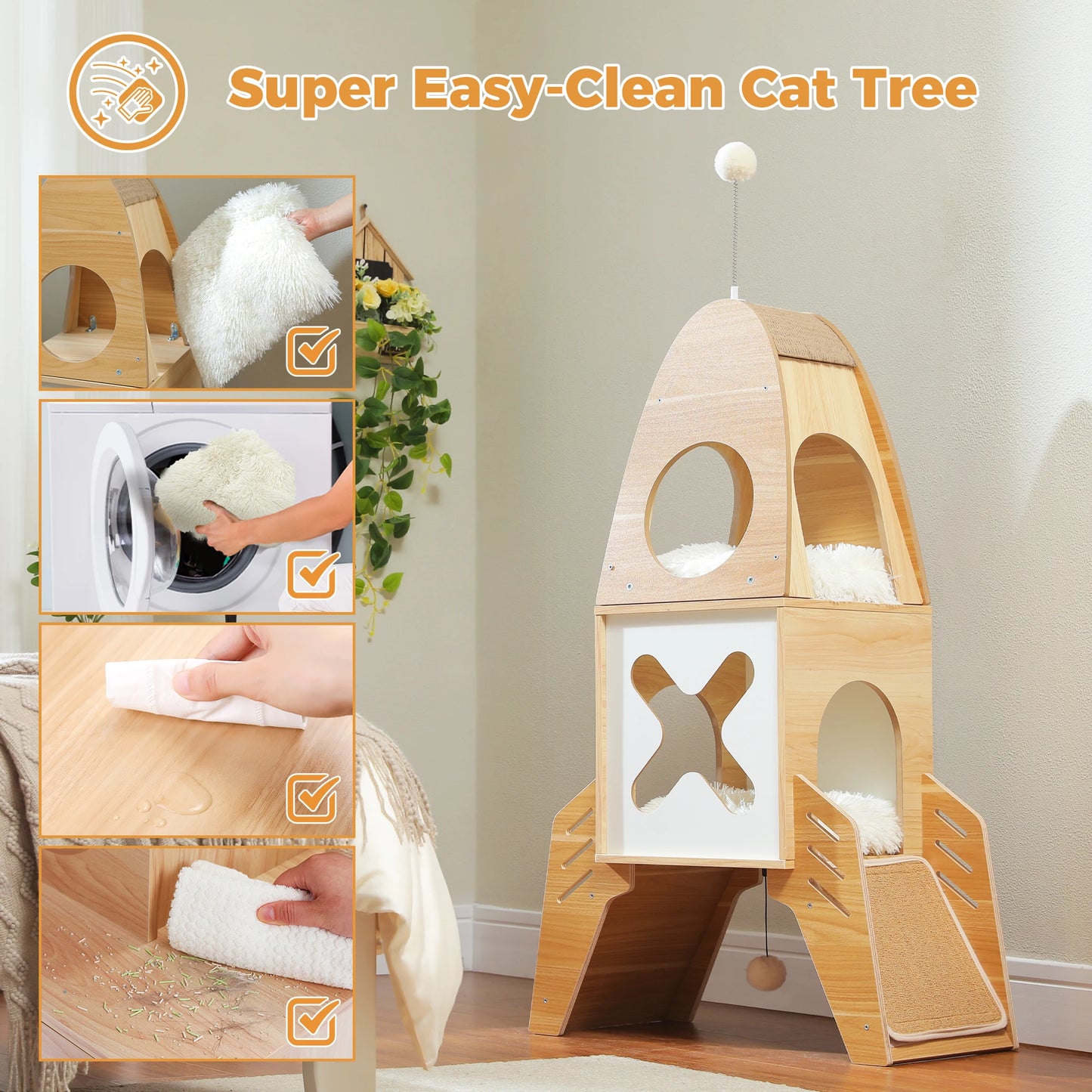 Modern Rocket Shape, Wooden Cat Tower with 2 Condos and Dangling Balls