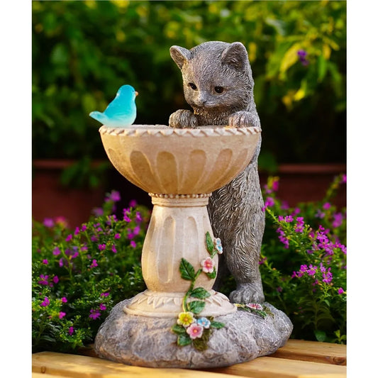 Solar Cat Bird Bath: Outdoor Sculptures for Garden - Unique Gifts - NEW