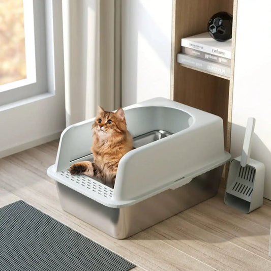 Stainless Litter Box With Scoop, High Sides , Easy Cleaning