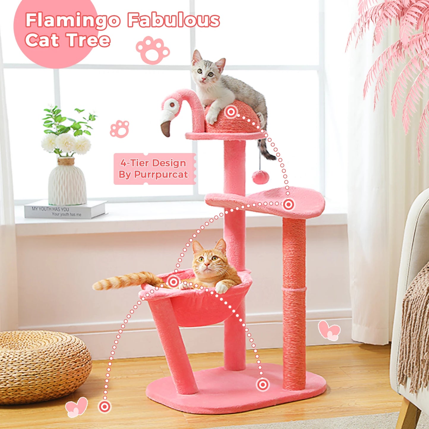 Flamingo Pink Cat Tower with Sisal Scratching Posts for Cats, Kittens with Perch and Hammock