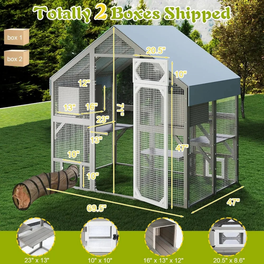 71" H Outdoor Cat Enclosure, Walk in Cats House Outside Weatherproof, Attach to House's Window