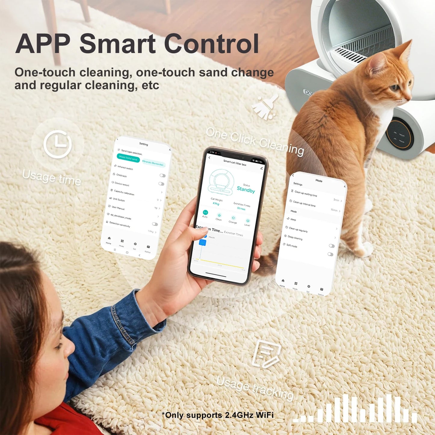 Automatic Cat Litter Box w/ Trash Bag & Litter Mat Smart Cat Toilet App Control 2.4G WiFi