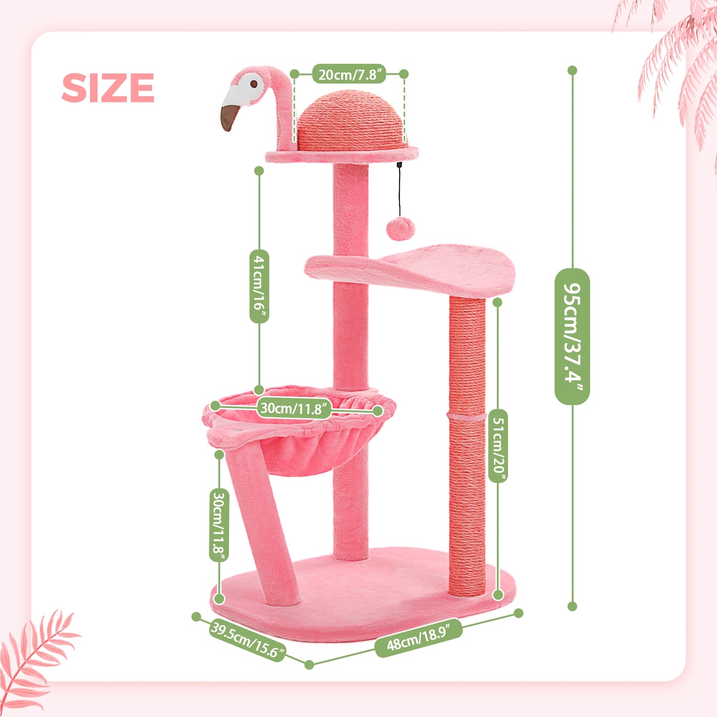 Flamingo Pink Cat Tower with Sisal Scratching Posts for Cats, Kittens with Perch and Hammock