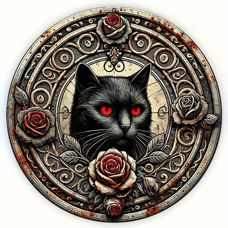 Gothic Black Cat & Red Rose Metal Wall Art