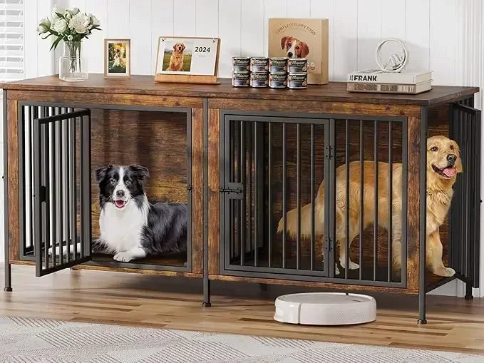 Extra Large Double Dog Crate Furniture Large Breed, 78.74"L x 27.56"W x 32.68"H