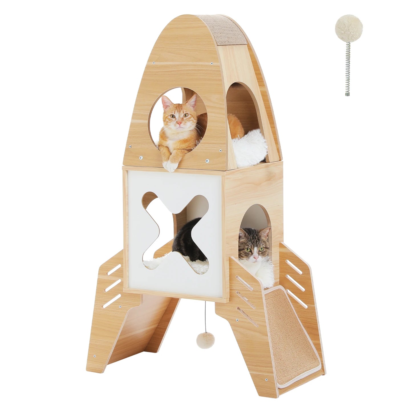 Modern Rocket Shape, Wooden Cat Tower with 2 Condos and Dangling Balls