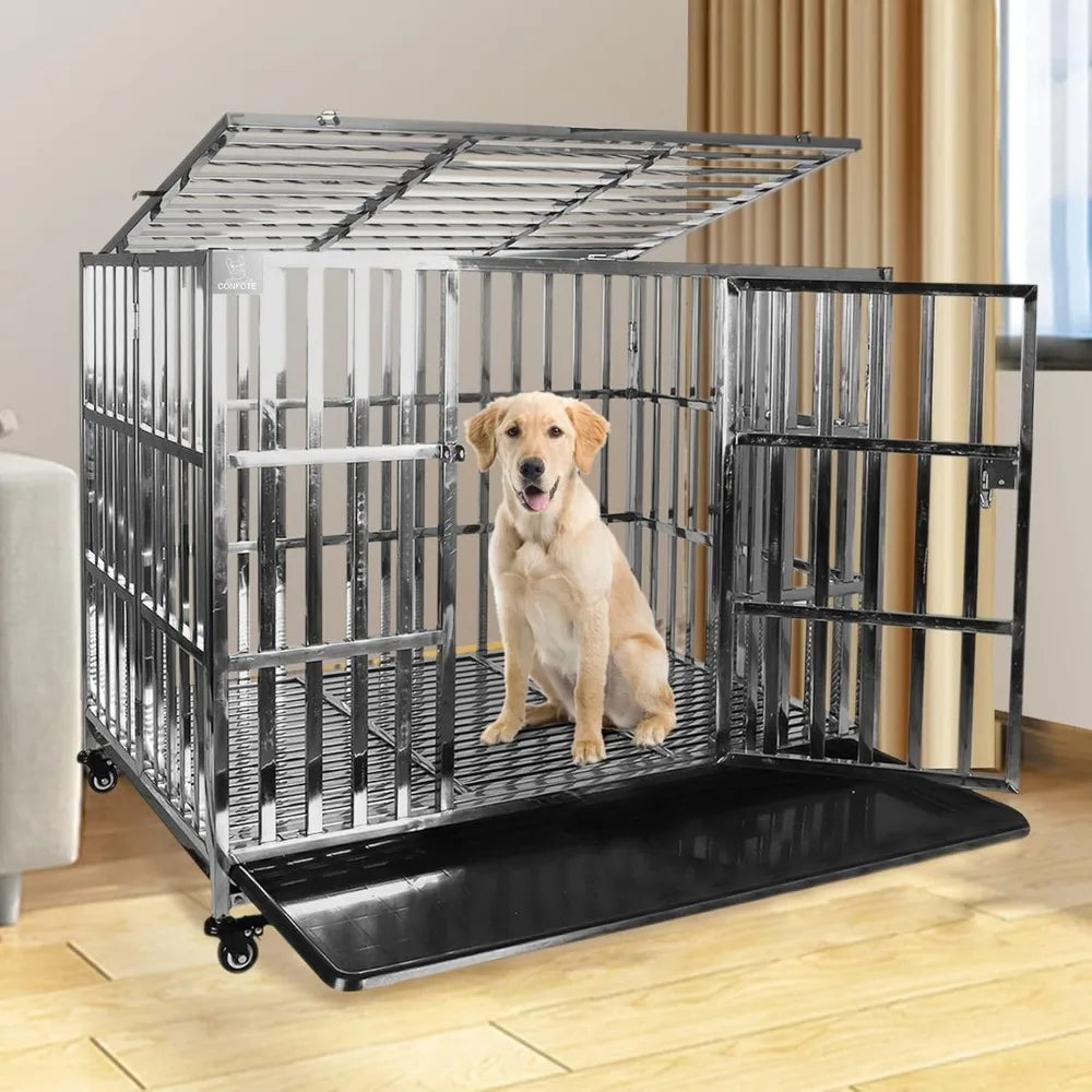 Stackable Stainless Steel Dog Crate, Heavy Duty Kennel, Foldable, with Lockable Rolling Wheels