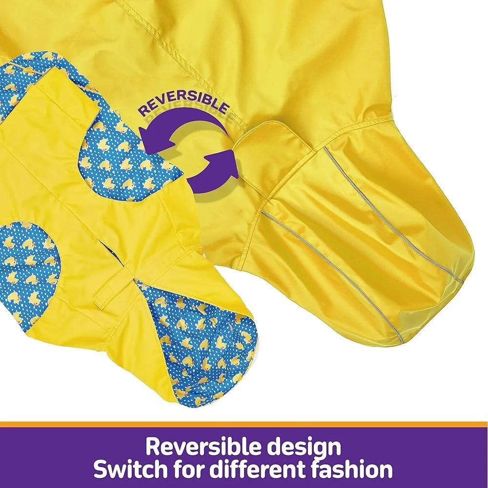 Reversible Waterproof Dog Raincoat Adjustable Slicker Poncho with Leash Hole Reflective Stripe Hooded Design For All Weather