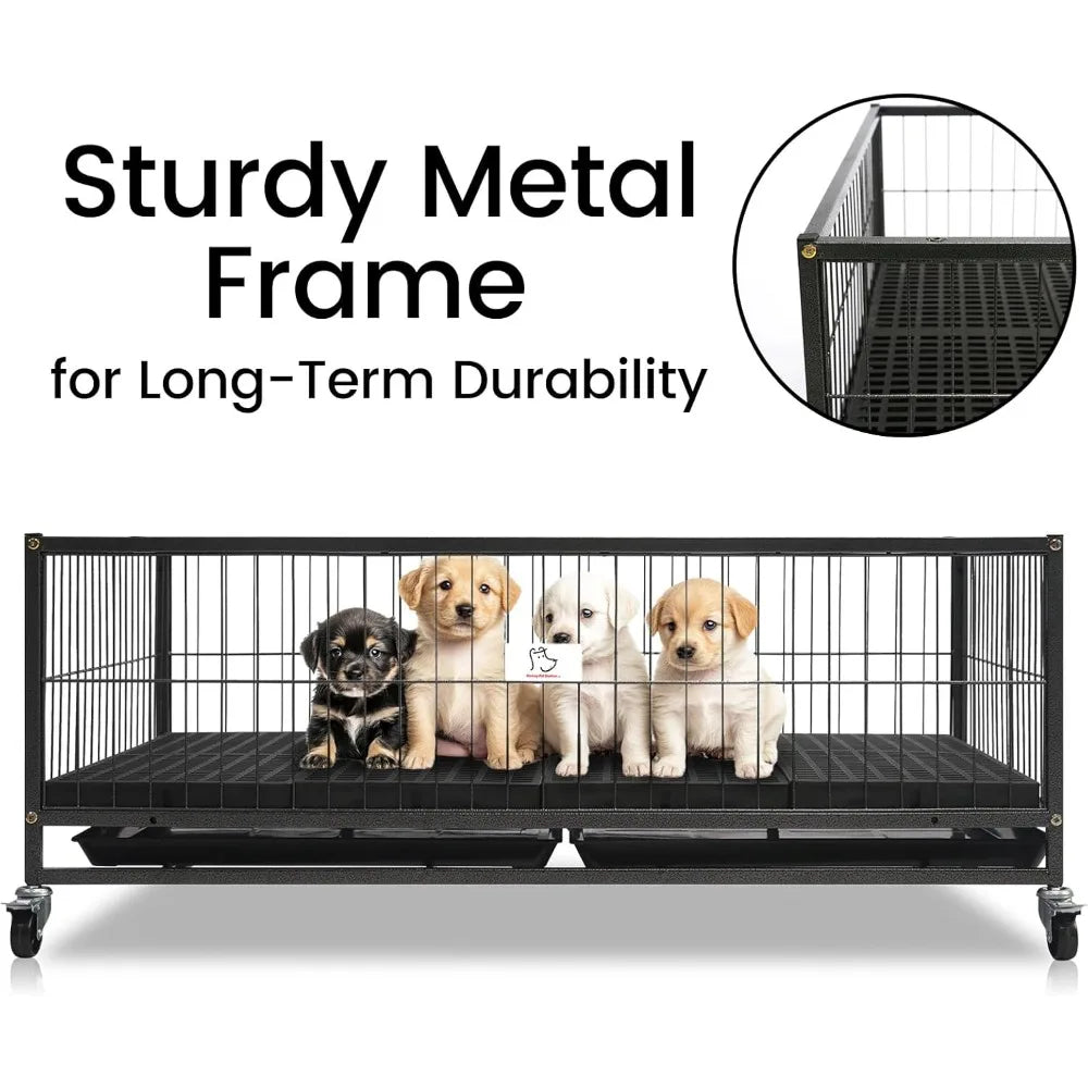 43" Dog Whelping Box for Puppies, Heavy Duty Metal Whelping Box for Small Breed Dogs with Washable Plastic Tray