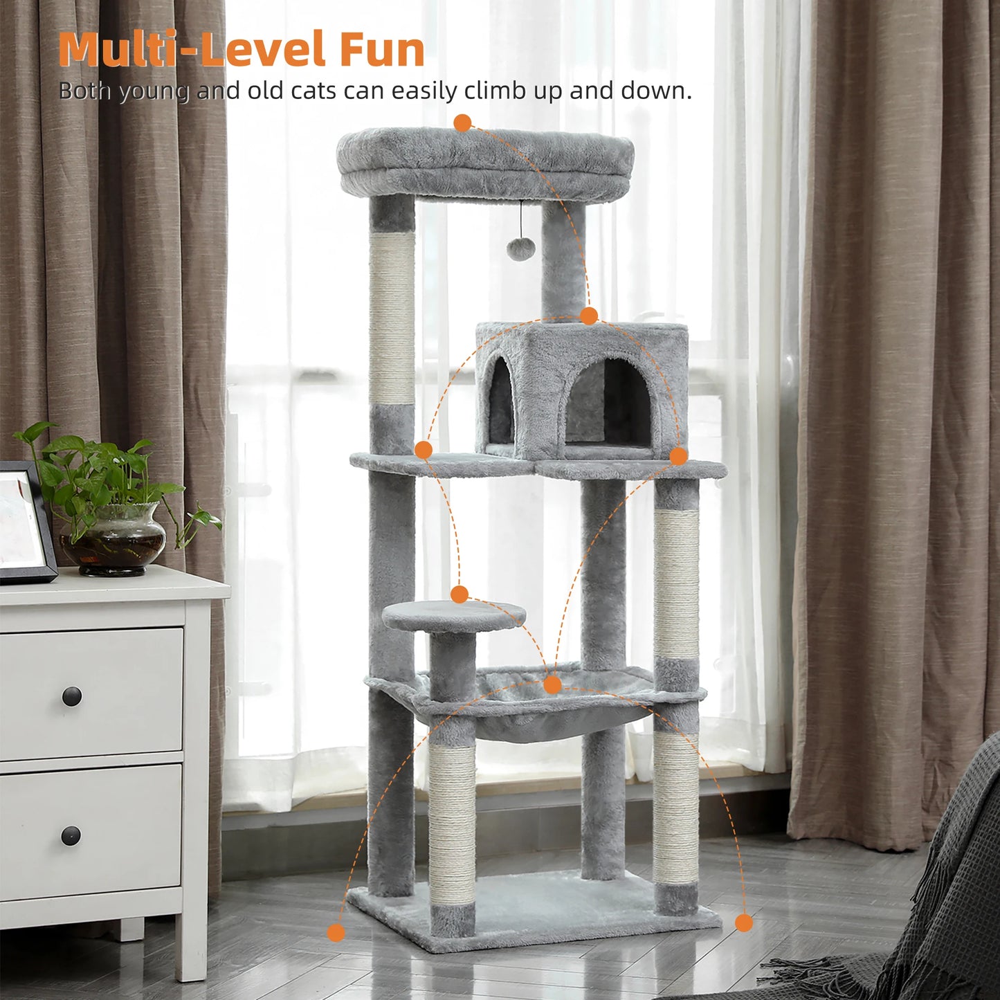 5-Level Cat Tower for Large Cats with Large Hammock, Sisal Covered Scratching Posts, Cozy Condo, and Top Perch