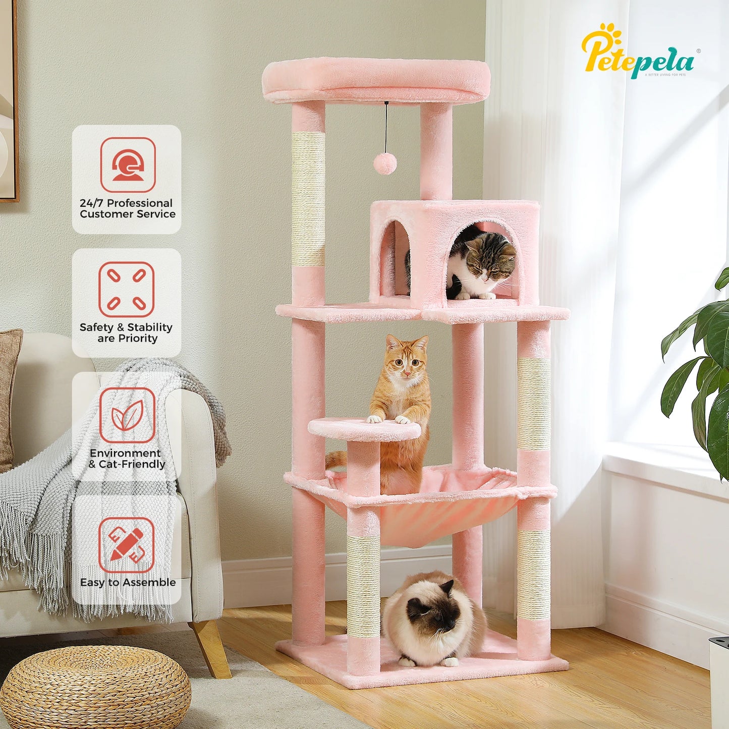 Multi-Level Cat Tower with Large Hammock, Sisal Covered Scratching Posts, Cozy Condo and Top Perch
