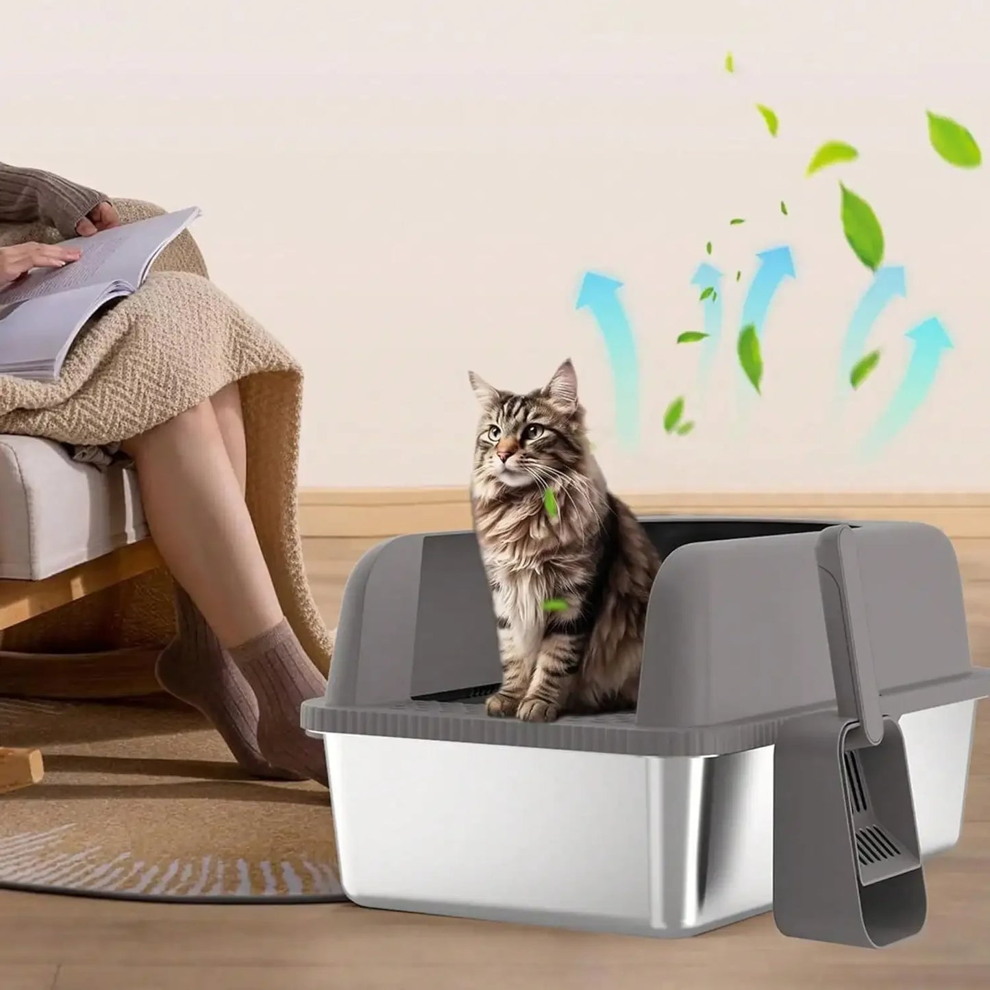 Stainless Litter Box With Scoop, High Sides , Easy Cleaning