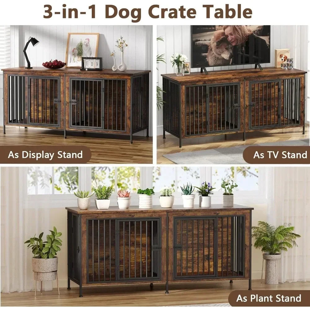 Extra Large Double Dog Crate Furniture Large Breed, 78.74"L x 27.56"W x 32.68"H