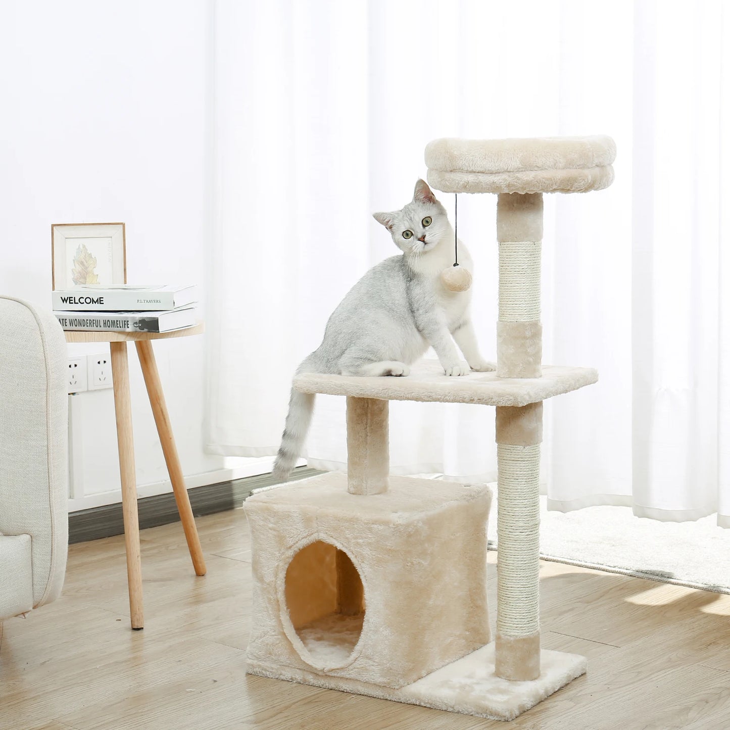 Small Cat Tree with Sisal Scratching Posts, Top Perch, Cozy Condo