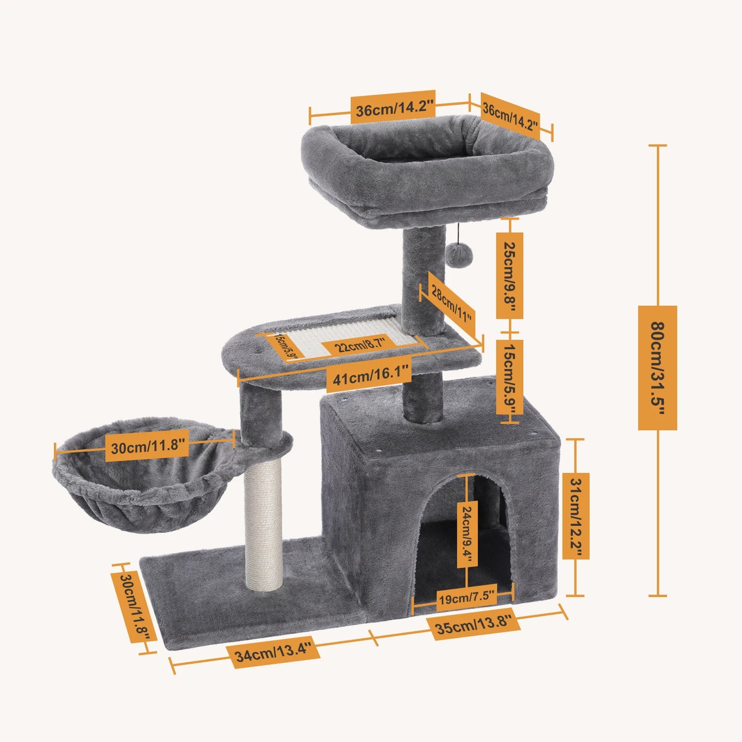 Plush Cat Tower with Large Cat Condo, Deep Hammock and Sisal Cat Scratching Post