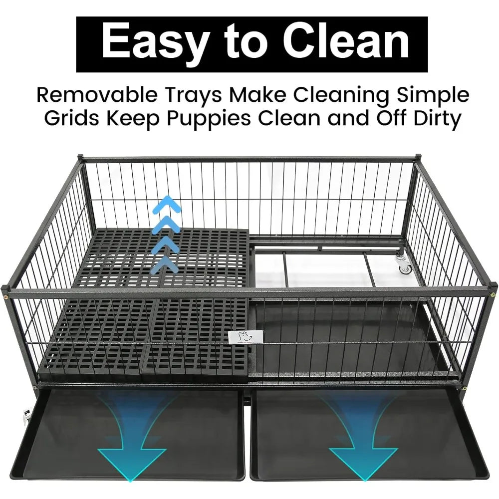 43" Dog Whelping Box for Puppies, Heavy Duty Metal Whelping Box for Small Breed Dogs with Washable Plastic Tray
