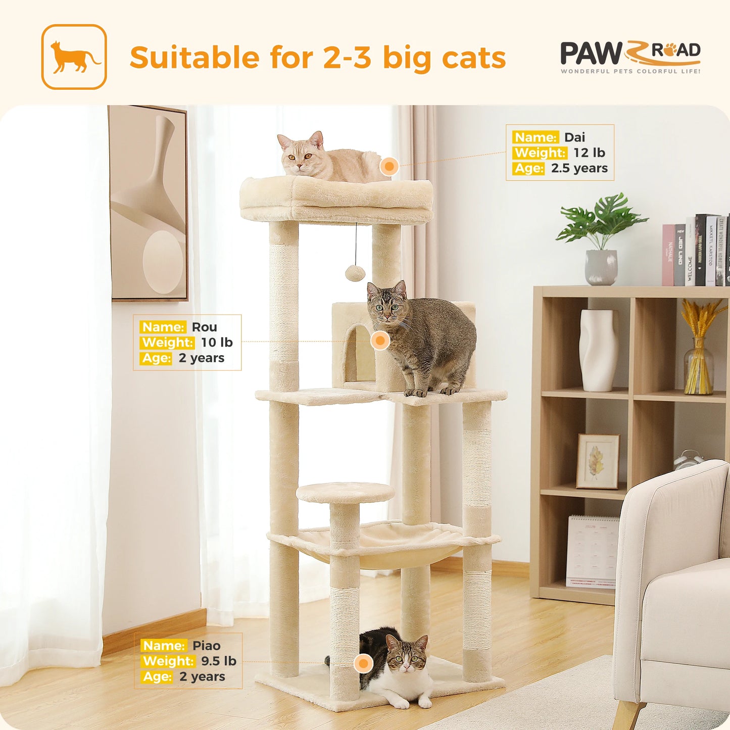 5-Level Cat Tower for Large Cats with Large Hammock
