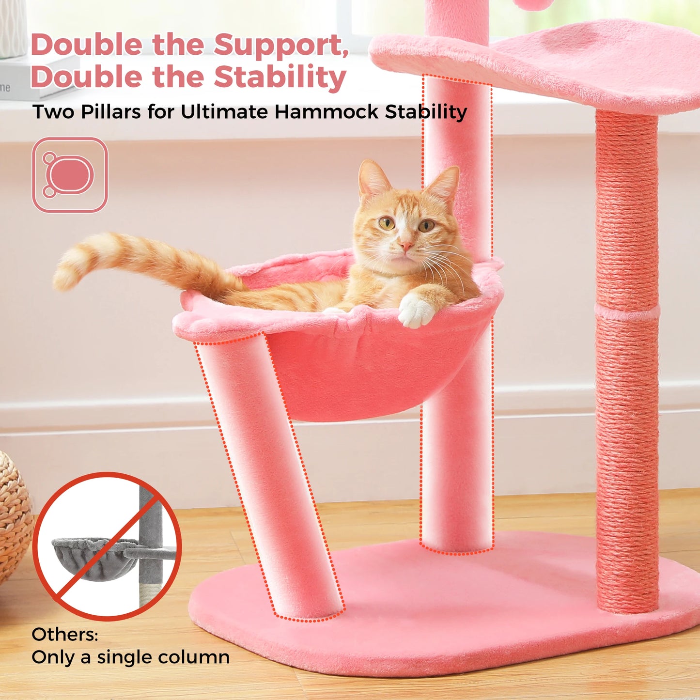 Flamingo Pink Cat Tower with Sisal Scratching Posts for Cats, Kittens with Perch and Hammock