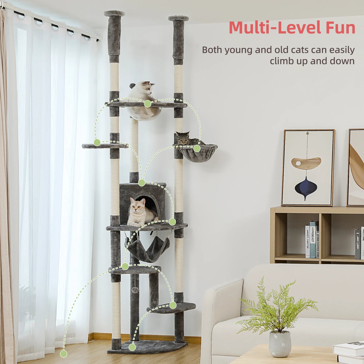 Floor to Ceiling Cat Tree Play House with Scratching Posts, Cozy Condo, Perches, Hammock