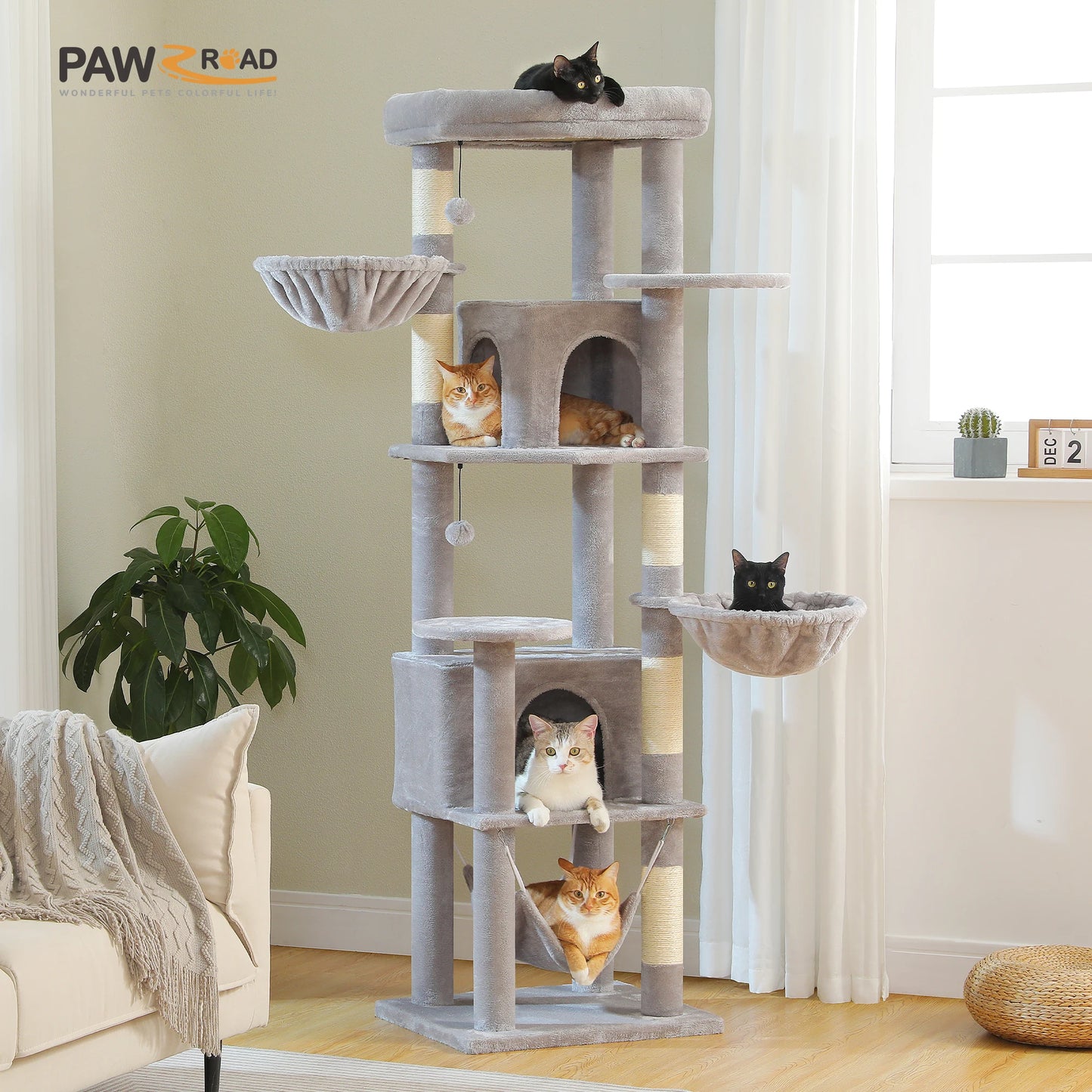 Plush Cat Tower with Sisal Scratching Post, Spacious Condos, Cozy Hammock