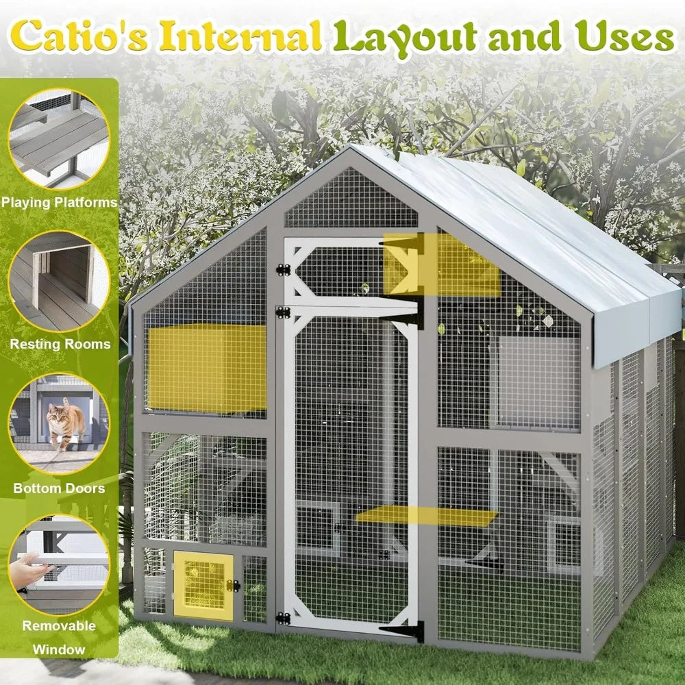 71" H Outdoor Cat Enclosure, Walk in Cats House Outside Weatherproof, Attach to House's Window