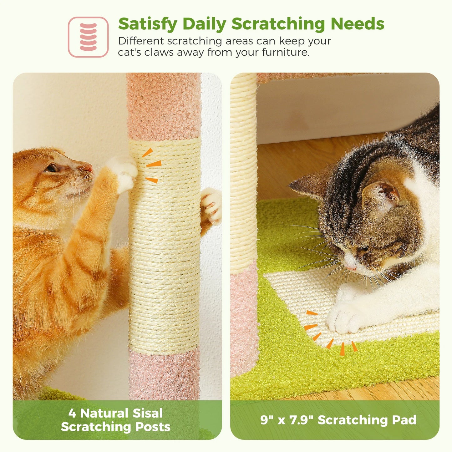 Cat Tree Tower with 4 Natural Sisal Scratching Posts, 2 Spacious Cozy Condos